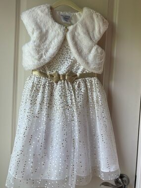 Dress and Cream Faux Fur Bolero with Gold Accent / Size 6 / EUC